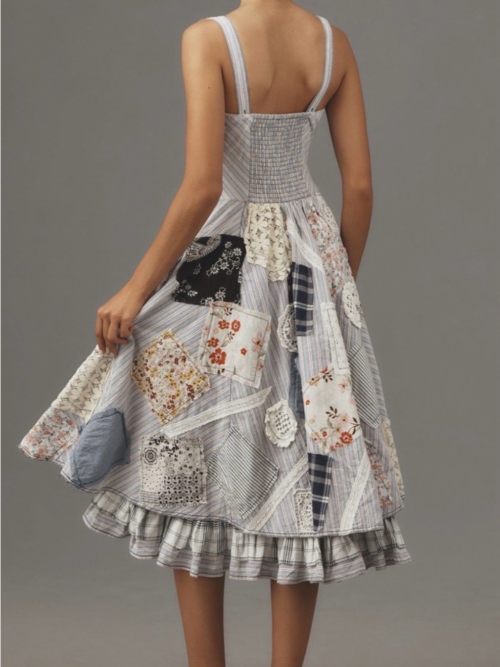 Anthropologie Patchwork Midi Dress - Light Blue & Cream - Picture 2 of 3